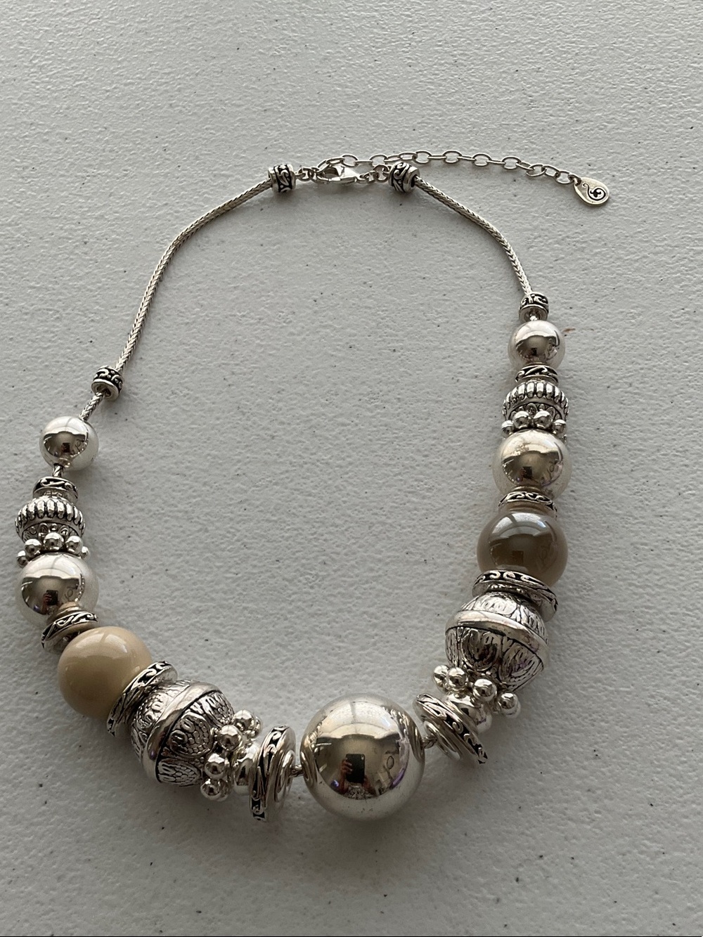 Silver Beaded Necklace with Cream and Taupe Accents